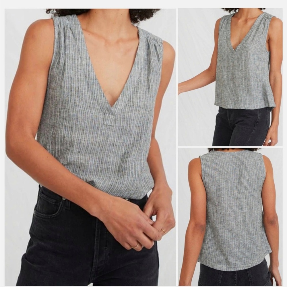 Marine Layer Tory Tank Top Black White Stripe Linen Rayon Blend
